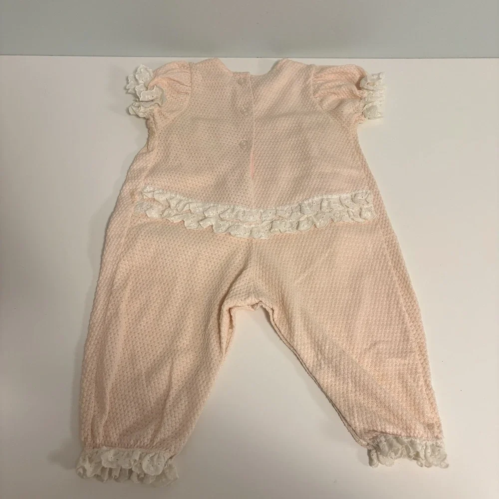 Vintage Carter's Pink Baby Romper Lace Ruffles Rosette 9 months